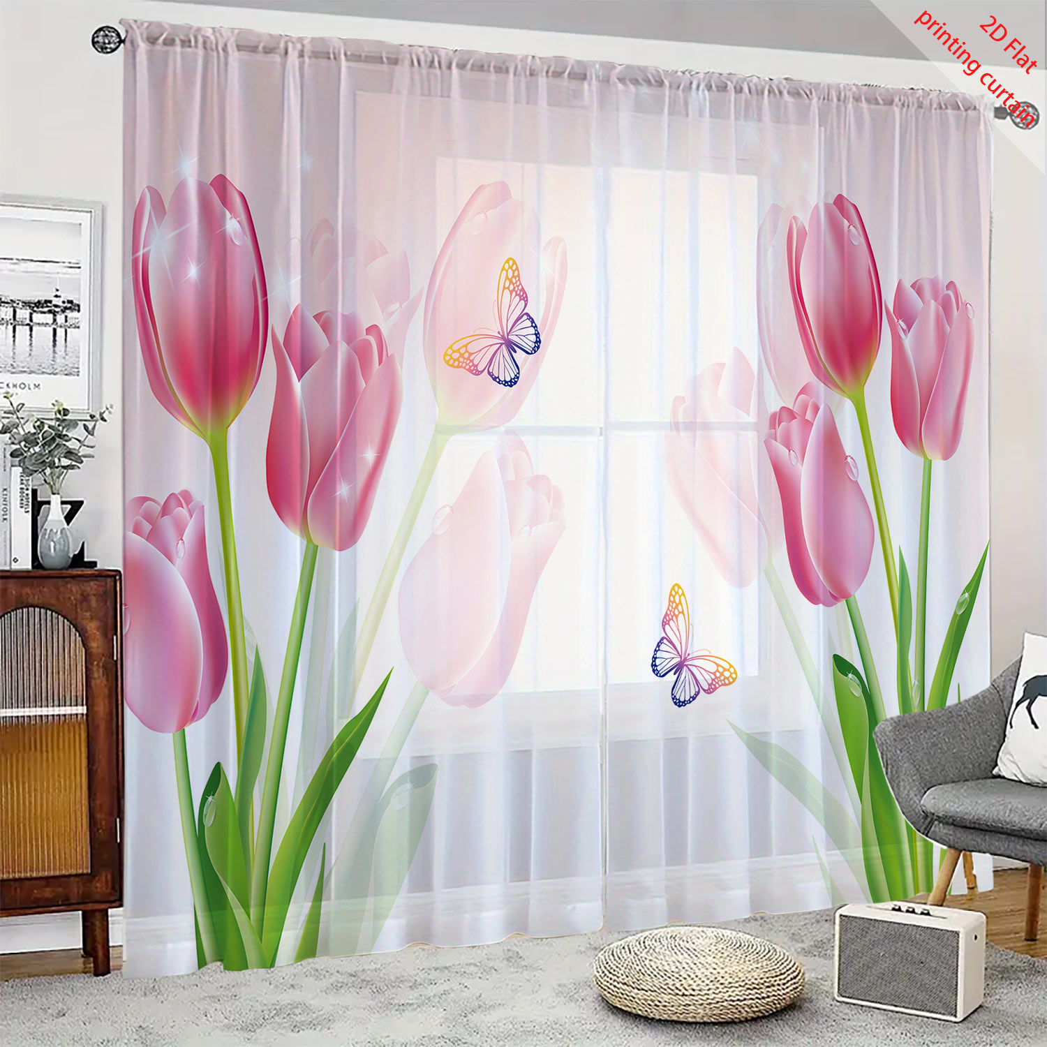 Home Decor Youtube - Tirai kasa transparan motif tulip merah