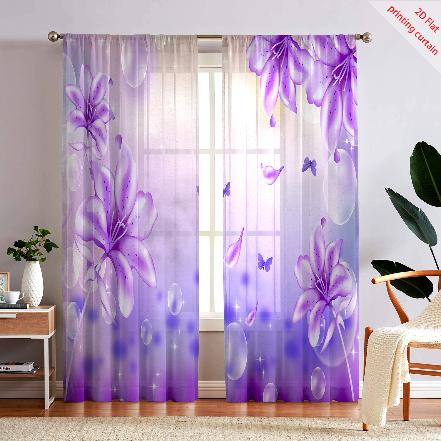 Home Decor Youtube - Tirai Kasa Transparan Bermotif Bunga Ungu