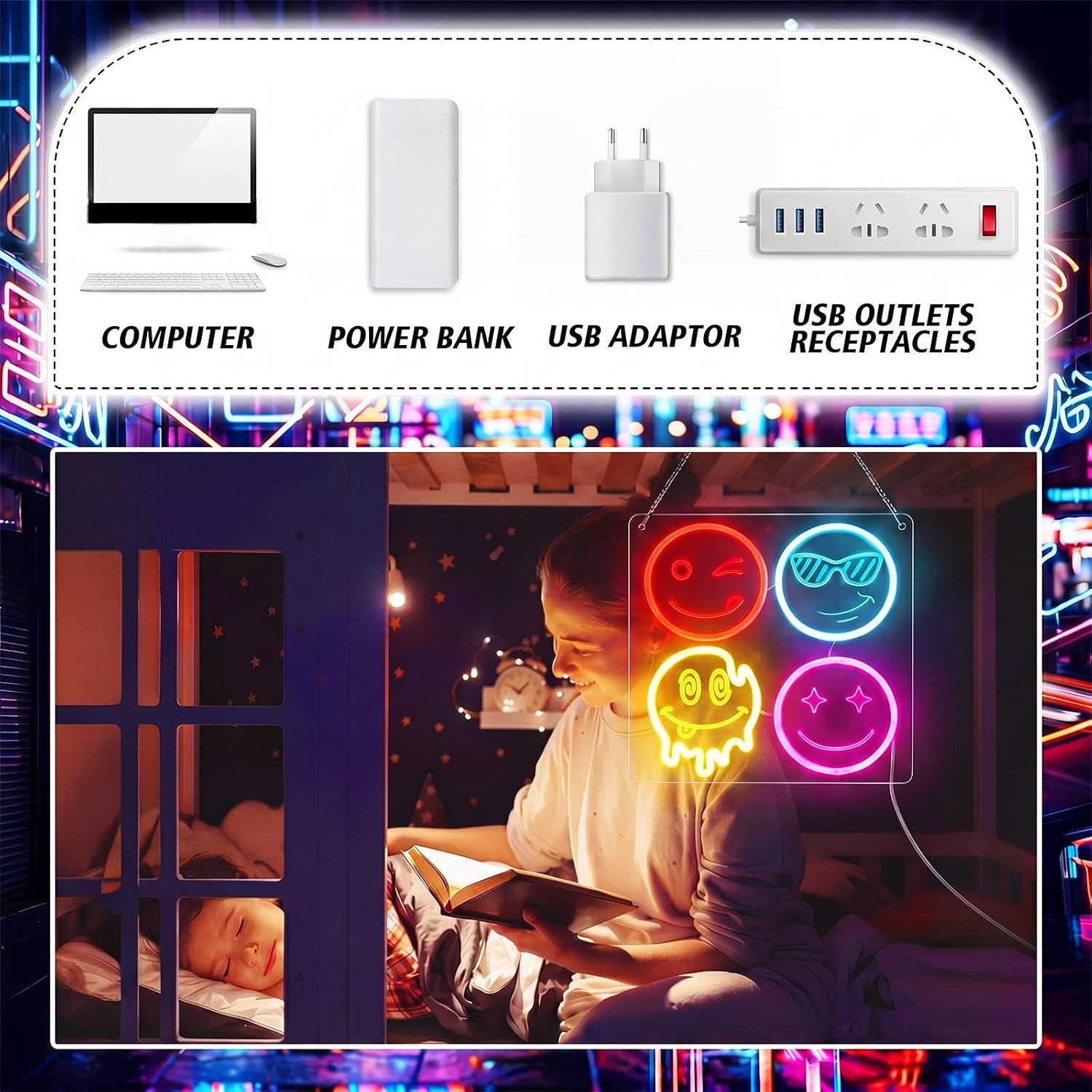 Lampu Neon LED Wajah Tersenyum - Home Decor Emoji ulasan dan harga